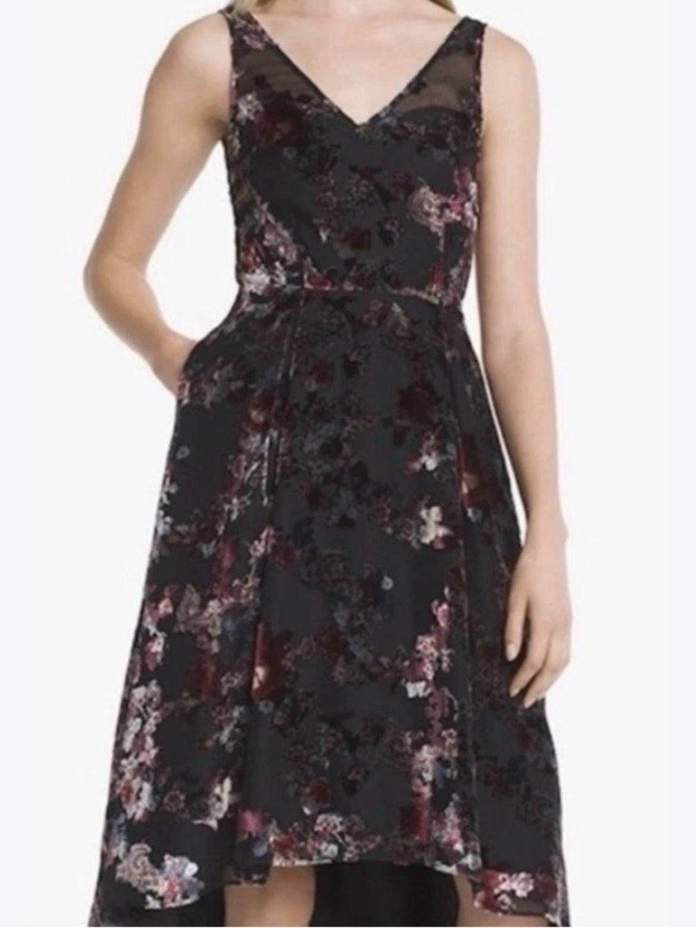 White House Black Market V-Neck Black Floral High-Low Dress WITH pockets (OLCC)